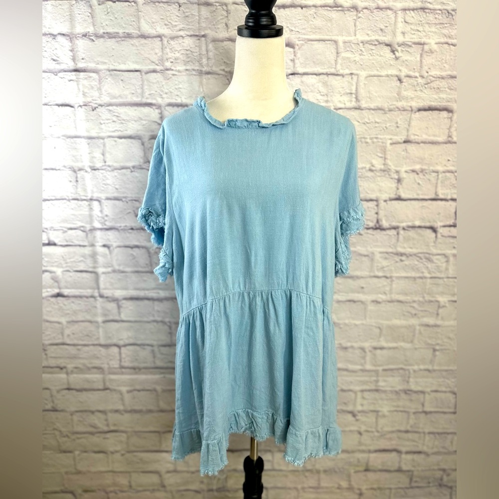 White Birch Light Blue Ruffle Sleeve Dress (Size L) Distressed Hem‎ & Sleeves